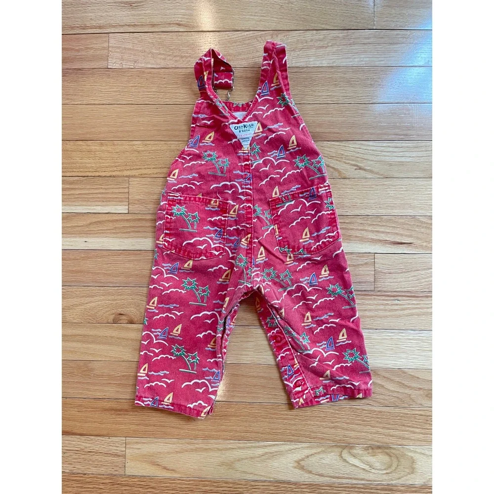 Vintage OshKosh Bgosh Red Nautical Palm Tree Sailboat Overalls 6-9 Months‎ USA